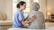 Two people sitting on a bed in a home with one being a healthcare provider checking the other one's vitals