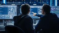 Two individuals sitting in front of two computer screens showing a plethora of data Two individuals sitting in front of two computer screens showing a plethora of data