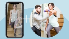 A woman doing physical therapy guided by an app, and the same woman being helped by a physical therapist. A woman doing physical therapy guided by an app, and the same woman being helped by a physical therapist.