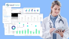 A doctor using a practice management software A doctor using a practice management software