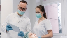 Dentist and his assistant using tablet in the process of treating teeth of patient Dentist and his assistant using tablet in the process of treating teeth of patient