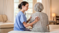 Nurse listening to chest of patient in home Nurse listening to chest of patient in home