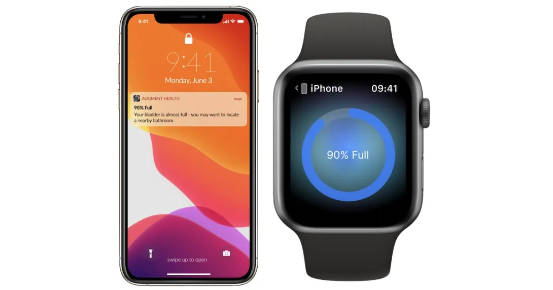 The Augment Health app on a smartphone and Apple Watch displaying a "90% full" warning. The Augment Health app on a smartphone and Apple Watch displaying a "90% full" warning.